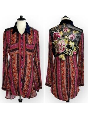 Anthropologie Cyrena Aratta Silent Journey Embroidered Mixed Print Tunic Blouse